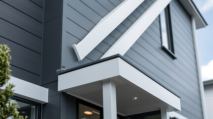 Obraz premium Modern House Exterior: Sleek Grey Facade with White Architectural Details. Contemporary Home Design and New Construction. Real Estate Photography