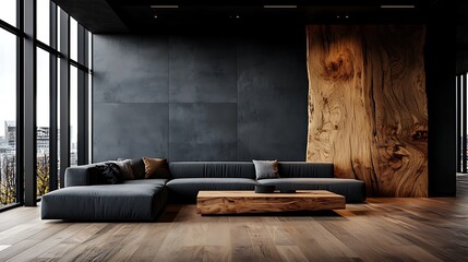 Modern dark apartment living room with large windows, city view, wooden wall, and sectional sofa