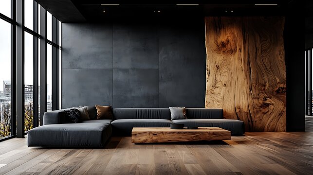 Modern dark apartment living room with large windows, city view, wooden wall, and sectional sofa