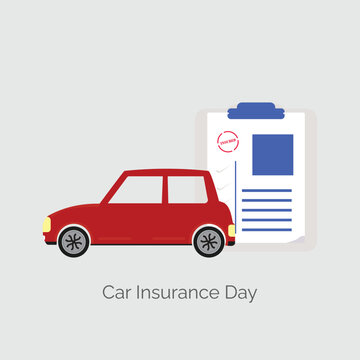 Car Insurance Day is held every February 1. Vehicles. Red car with insurance policy paper design concept. Vector, illustration.