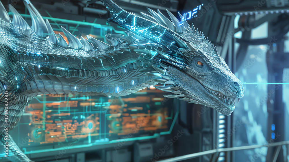 Poster Explore the fusion of side view futuristic technologies with mythical creatures using digital photorealistic rendering Imagine a majestic dragon interacting with holographic displays