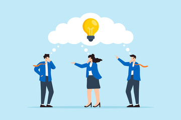 Flat illustration of thoughtful business people brainstorm with identical thinking bubble and lightbulb symbolizing shared ideas for planning success