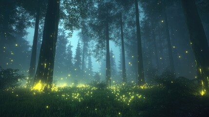 Fototapeta premium A magical, glowing forest with bioluminescent trees and plants shining softly through misty fog and radiant lights