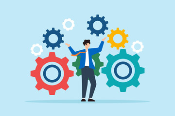 Flat illustration of businessman stand on interconnected gear cogwheel symbolizing process and workflow optimization