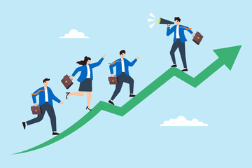 Flat illustration of businessman with megaphone motivate employee to walk up arrow symbolizing career inspiration