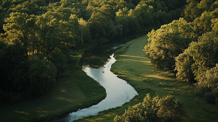 Serene river winding through lush green forest in evening light