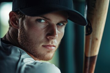 Intense baseball player focusing in dugout stadium portrait competitive environment close-up view passion for baseball excellence
