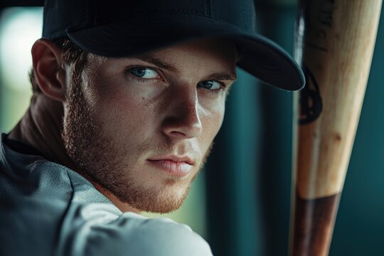 Intense baseball player focusing in dugout stadium portrait competitive environment close-up view passion for baseball excellence