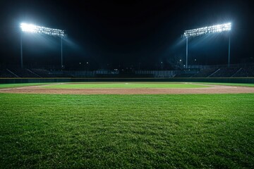 Baseball stadium at night bright lights illuminate an empty field in a serene atmosphere capturing the essence of america's favorite pastime