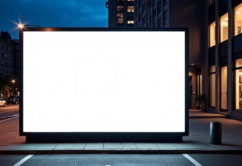 Illuminated Billboard at Night: Blank White Vertical Sign, Modern Building Backdrop, Urban Setting, Minimalist Design, Isolated on Dark, Street Lighting, Clean Lines, Stark Contrast

