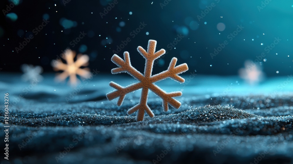 Poster a close-up view of delicate snowflakes resting softly on a shimmering surface, illuminated by a cool
