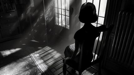 Illustrate a nuanced psychological debate in noir style, from a high-angled perspective Utilize CG 3D rendering for a modern twist, infusing classic literature elements seamlessly Experiment with ligh