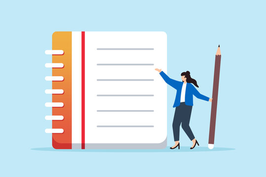 Flat illustration of young woman holding pencil write notebook symbolizing taking note for study and productivity