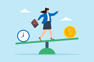 Flat illustration of cheerful businesswoman balancing clock and dollar on seesaw symbolizing time and money balance