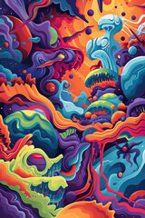 Illustrate a surreal vector universe filled with cosmic creatures seen from an unexpected worms-eye view, blending vibrant colors and abstract shapes for a visually stunning composition
