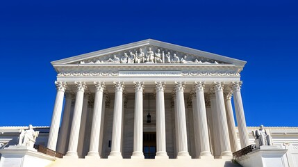 Naklejka premium Courthouse pillars standing tall against a clear blue sky, symbolizing justice, law, and the enduring strength of the legal system in society