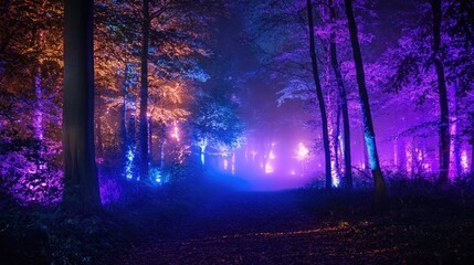 An enchanted forest glowing with bioluminescent plants, mist rolling through the trees, and magical lights creating a dreamlike vibe