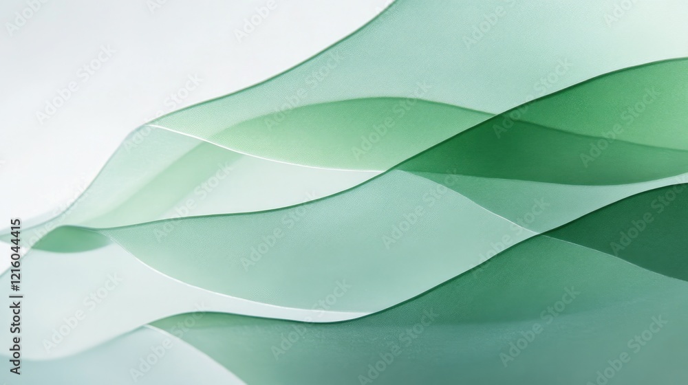 Poster conceptual composition featuring layers of translucent green leaves against soft light background wi