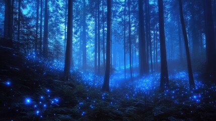 Naklejka premium Bioluminescent forest with glowing plants and magical lights casting an ethereal glow through misty fog and tall trees