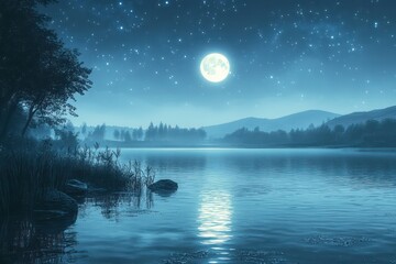 A starry night with a glowing moon above a quiet lake, where the serene light reflects on the still water creating a peaceful scene