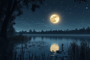 A starry night with a glowing moon above a quiet lake, where the serene light reflects on the still water creating a peaceful scene