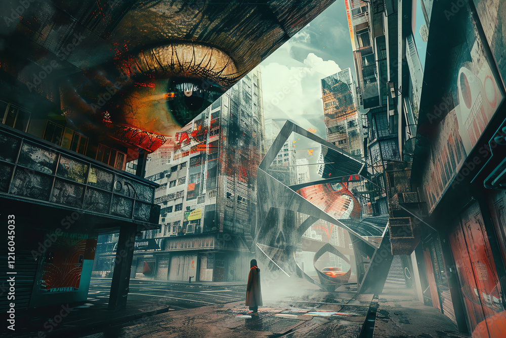 Poster incorporate an eye-level angle in a surrealism art piece capturing the essence of urban exploration 
