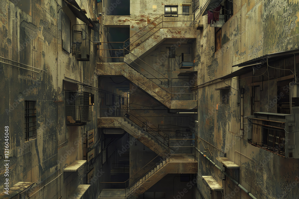 Poster incorporate an eye-level angle in a surrealism art piece capturing the essence of urban exploration 