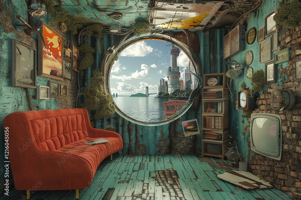 Poster incorporate an eye-level angle in a surrealism art piece capturing the essence of urban exploration 