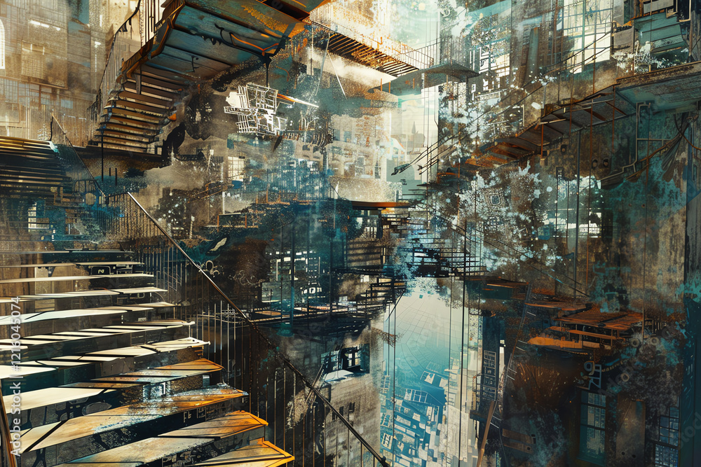 Poster incorporate an eye-level angle in a surrealism art piece capturing the essence of urban exploration 