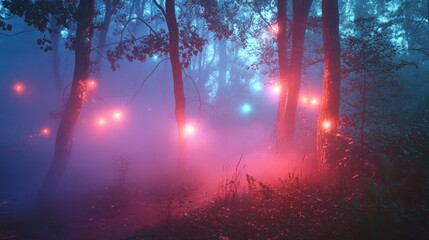 Fototapeta premium Dreamy enchanted forest with bioluminescent plants glowing softly, magical lights illuminating the misty atmosphere