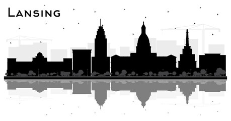 Obraz premium Lansing Michigan City Skyline Silhouette with Black Buildings and reflections Isolated on White. Travel and Concept with Historic Architecture. Lansing USA Cityscape with Landmarks.