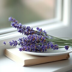 Fototapeta premium Lavender bouquet on book near window