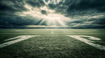 Empty football stadium under dramatic sky, showcasing solitude and anticipation in sports, symbolizing moments of pause before the roar of the crowd returns