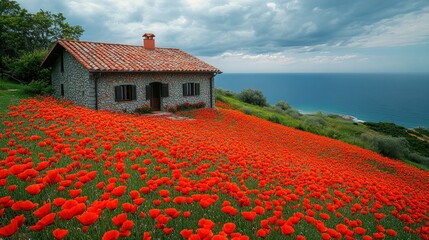 Coastal stone house, poppy field, sea view, storm clouds, postcard
