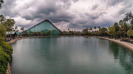 Fototapeta premium Scenic Lake View with Roller Coaster and Palm Trees
