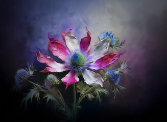 A vibrant flower, predominantly pink and white, with blue accents, is the focal point against a smoky, dark purple and grey background. The image evokes a sense of mystery and beauty.
