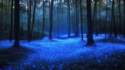 Obraz premium Enchanted forest with glowing bioluminescent plants, fog rolling through the trees, and magical lights creating a surreal vibe