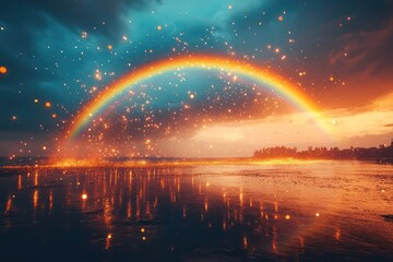 A stunning rainbow arch overhead, adorned with glowing sparkles suspended in the air, set against a vibrant sunset sky