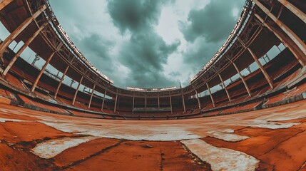Empty football stadium under dramatic sky, showcasing solitude and anticipation in sports, symbolizing moments of pause before the roar of the crowd returns