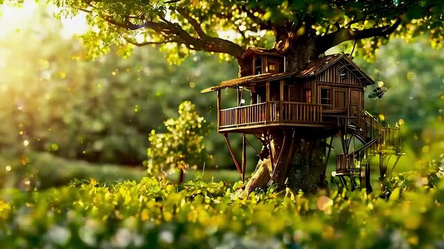 a treehouse  and  a child  playing in the garden