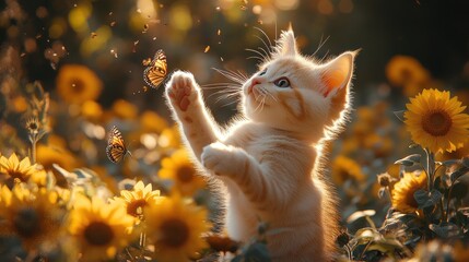 Kitten playing with butterflies in sunflower field, sunset