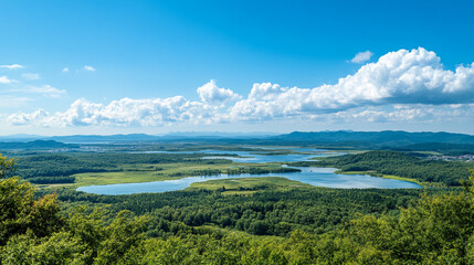 Obraz premium Expansive view of lush green landscape and calm blue waters under a bright sky