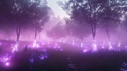 Magical forest scene with bioluminescent flora and trees glowing under misty fog and soft, ethereal lights