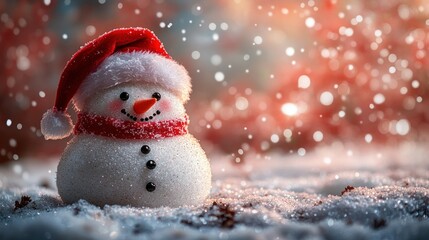 Fototapeta premium Snowman with Santa hat amidst sparkling snowflakes
