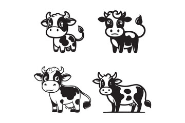 Set of cartoon cow silhouette on white background