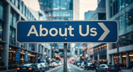 Obraz premium about us text on road sign in middle of modern business city background