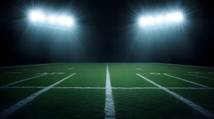 Naklejka premium Football field illuminated by stadium lights with copy space on dark background