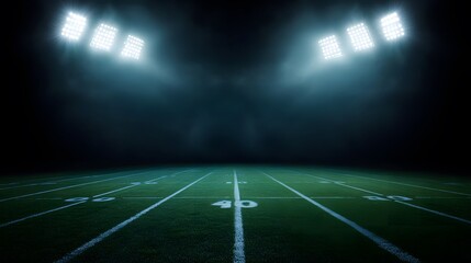 Naklejka premium Football field illuminated by stadium lights with copy space on dark background