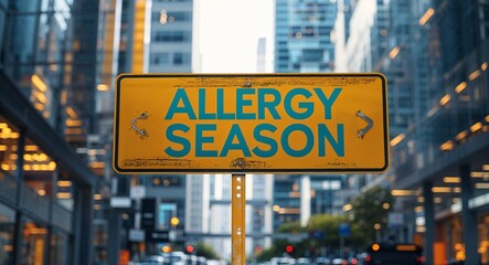 Obraz premium allergy season text on road sign in middle of modern business city background