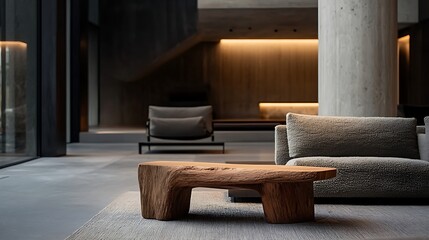 Modern lobby, wood coffee table, concrete, minimalist design, luxury hotel interior, architectural photography